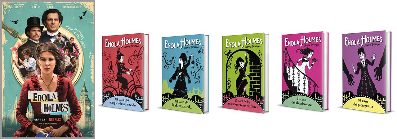 Imagen que muestra los cinco libros de la saga de Enola Holmes en fila, y a la izqueirda del todo, el poster de la película de Netflix.